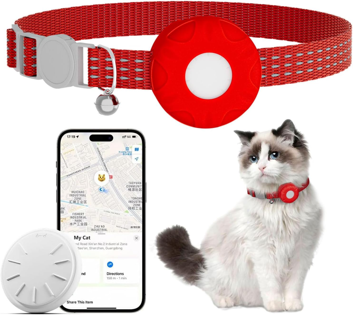 Mini traqueur GPS pour chats, sans frais mensuels, compatible avec Apple Find My (iOS uniquement), étiquette anti-perte pour véhicules, animaux domestiques, enfants, articles (rouge)