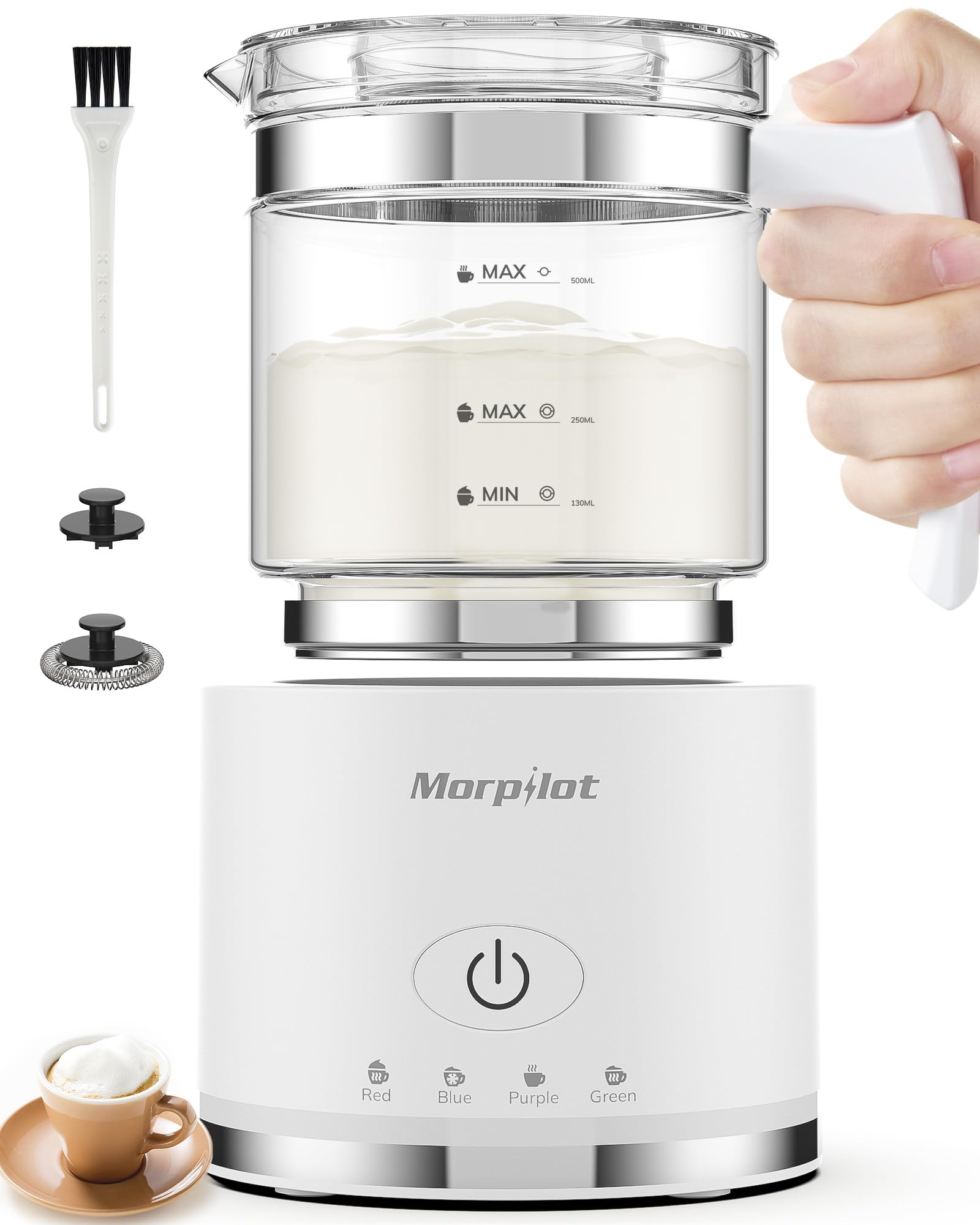 Morpilot Milk Frother, Montalatte Elettrico in Vetro, 4 in 1 Funzione, Bello da Vedere, Capacità 250ml per Schiumare o 500 ml per Riscaldare, Design Diviso, Bianco
