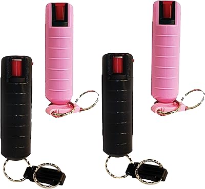 Pepper Shot Bundle - Lot of (4) 1/2 oz Keychain 10% OC Pepper Spray Units w/Injection Molded Holster in Black (2) and Pink (2)