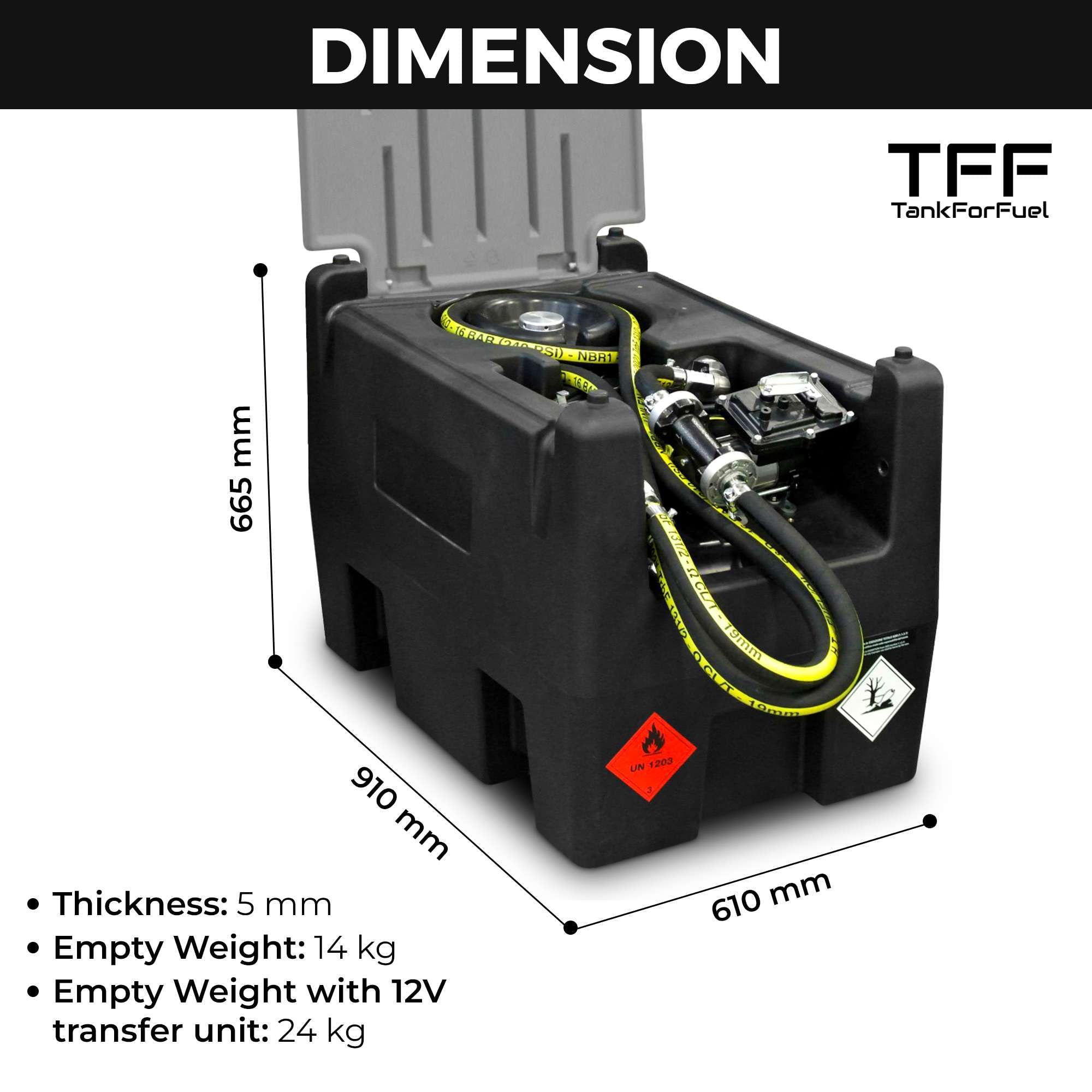 TFF Tragbarer Benzintank 220 Liter ATEX-zertifiziert, Fördermenge 50 L/min, 12V-Kraftstoffpumpe mit Batteriekabel, Antistatischer Schlauch 4 m, Geeignet für Landwirtschafts- und Industriefahrzeuge