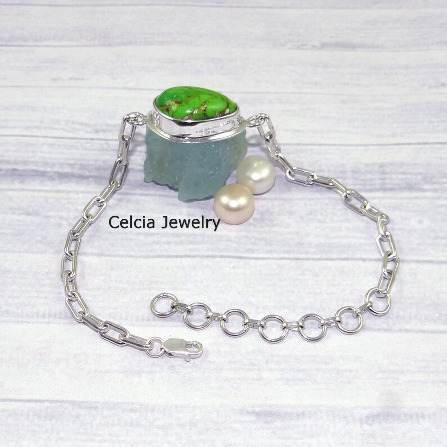 Pulsera de plata de ley 925 maciza para mujeres y niñas, pulsera de turquesa de cobre verde, pulsera artesanal única de piedras preciosas para ella o él