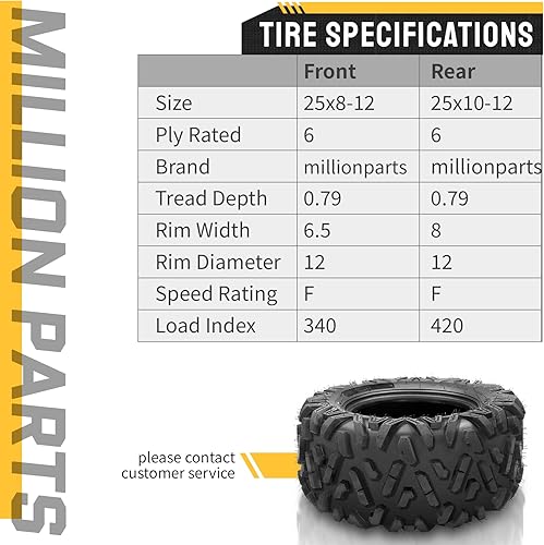 Miniatura 5 de MOTORHOT Neumáticos ATV UTV 25x8-12 delanteros y 25x10-12 traseros 6 capas deportivos todo terreno sin cámara estilo cuerno grande - Juego completo