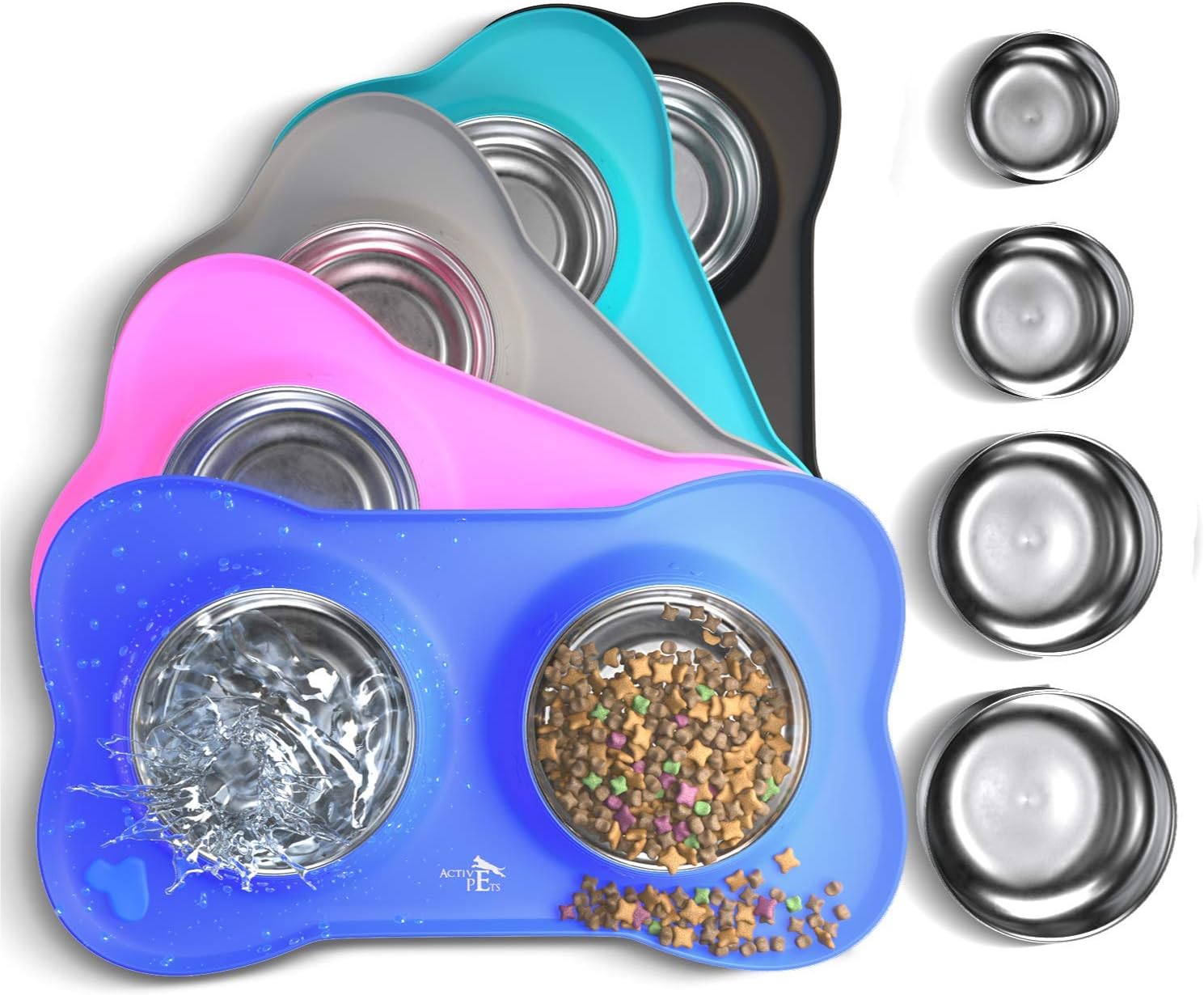 Active Pets Dog Bowl Set, Stainless Steel No Spill Mess-Proof Food & Water Dog Food Bowls with Skid Resistant Silicone Mat, Dog Bowls…