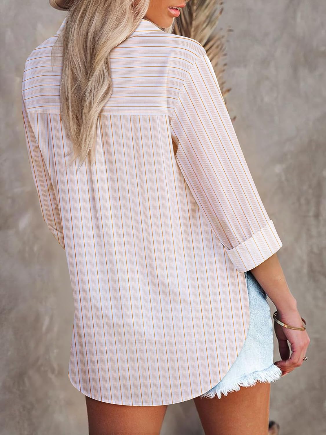 Womens Button Down Shirts Long Sleeve Summer V Neck Collared Stripes Casual Blouses Tops with Pocket - Image 2