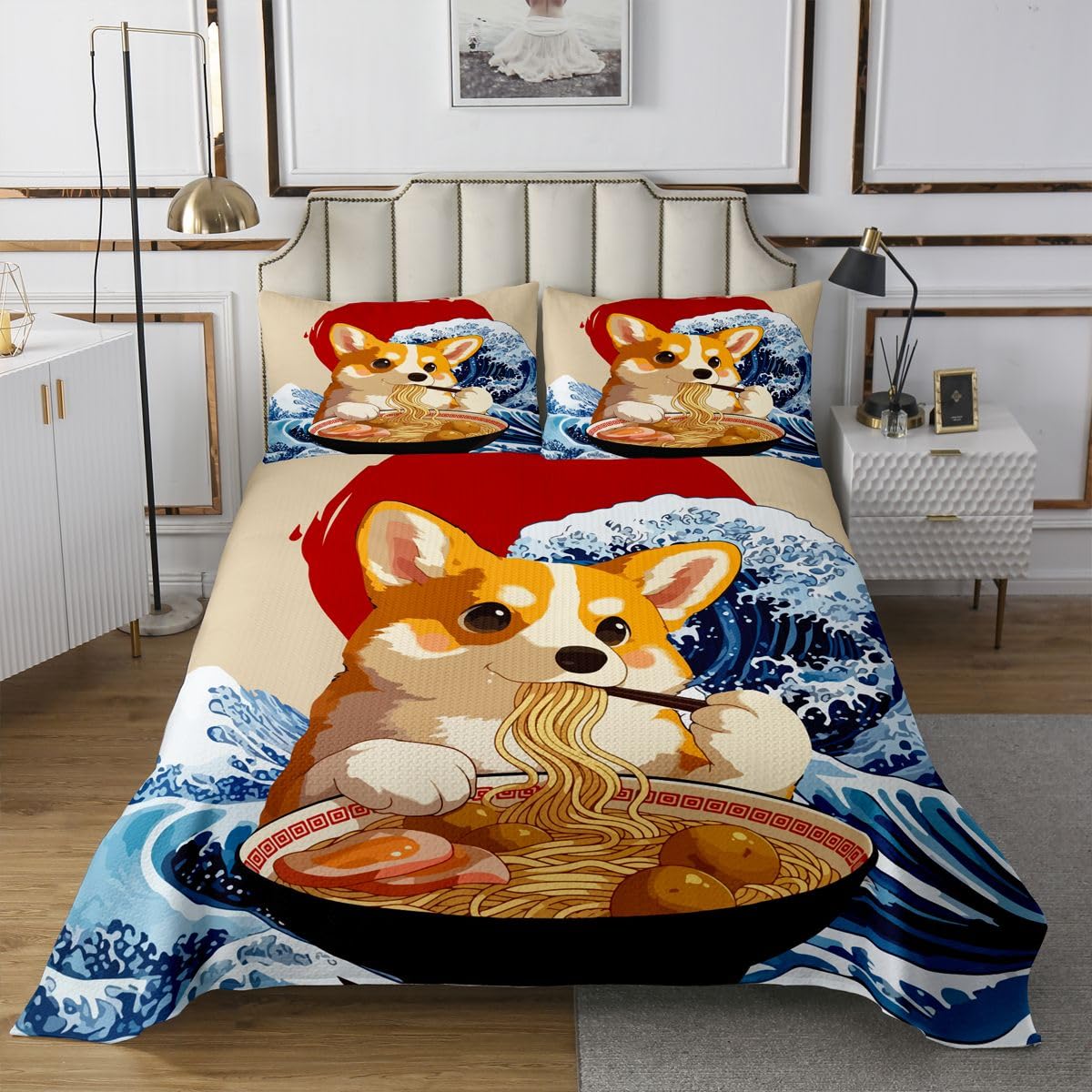 Manfei Japanischer Corgi Hund Bettdecke M Größe,Lustiger Hund Essen Nudeln Bettwäsche Sets für Kinder Frauen Männer Zimmer Dekor,Japan Anime Sonnenuntergang Welle Deckbett mit 2 Kissenbezug