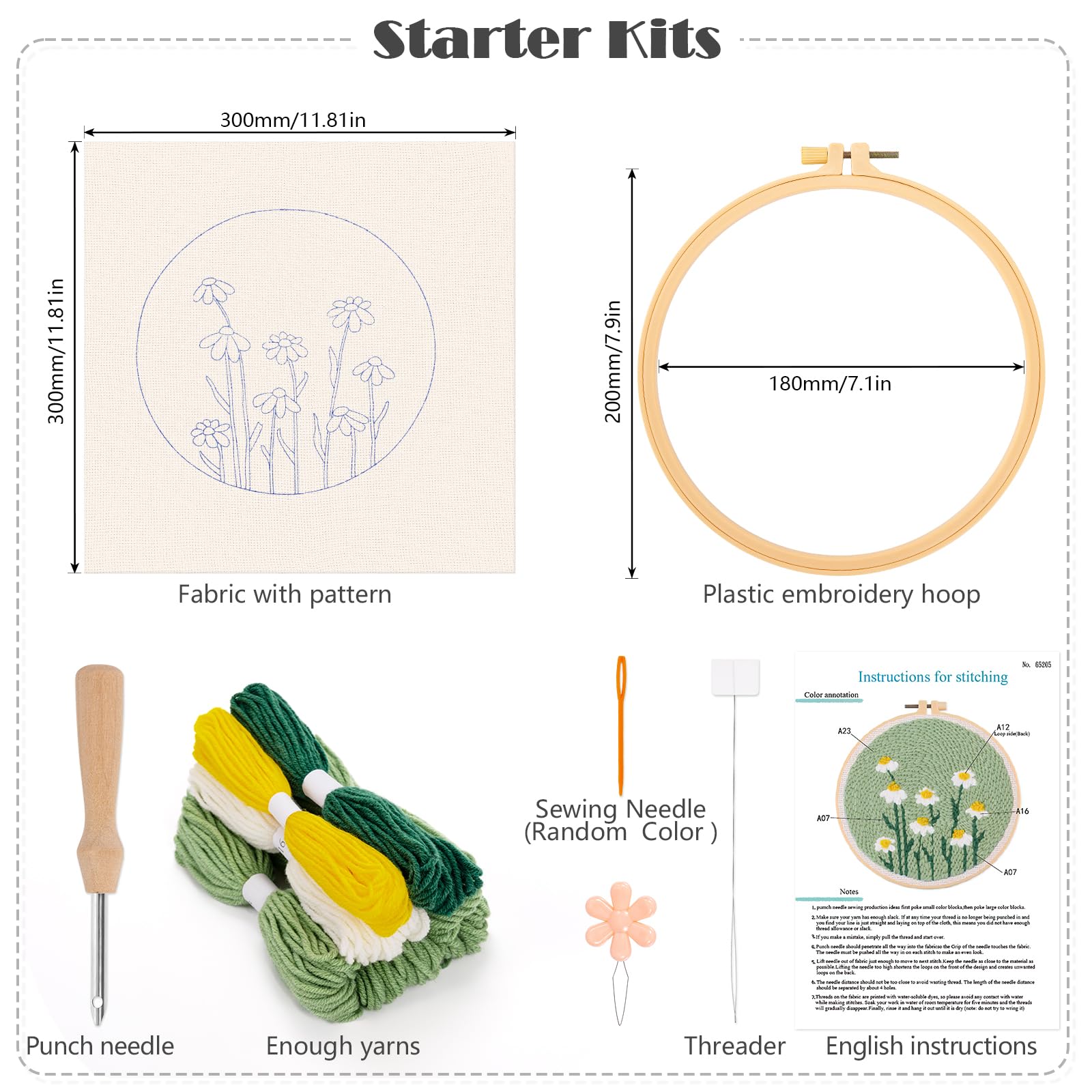 JSRQT Punch Needle Embroidery Starter Kits,Rug Hooking Kit for Kids and Adults Beginners,Handcraft Punch Needle Kits with Embroidery Hoops,Flowers and Plants Pattern - Image 3