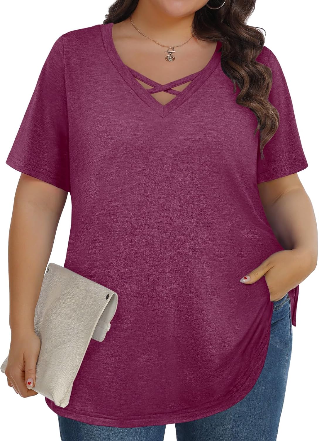Plus Size Tops for Women Summer Trendy Criss Cross Shirts Oversized Casual Loose Fit Tunic Tops L-4XL - Image 2