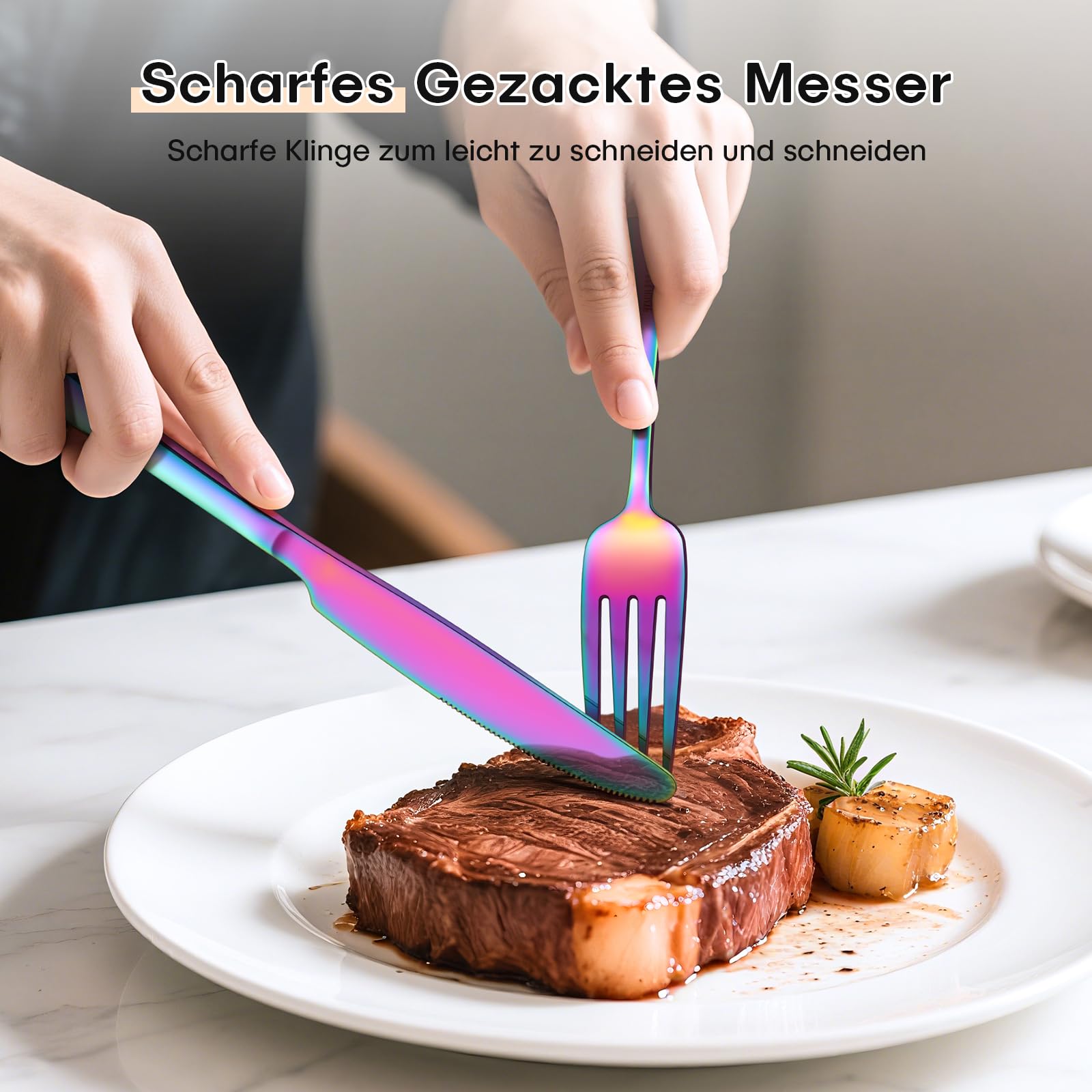 HONKKU Set de couverts pour 6 personnes, 30 pièces arc-en-ciel avec couteau, fourchette, cuillère, couverts en acier inoxydable poli miroir, passe au lave-vaisselle