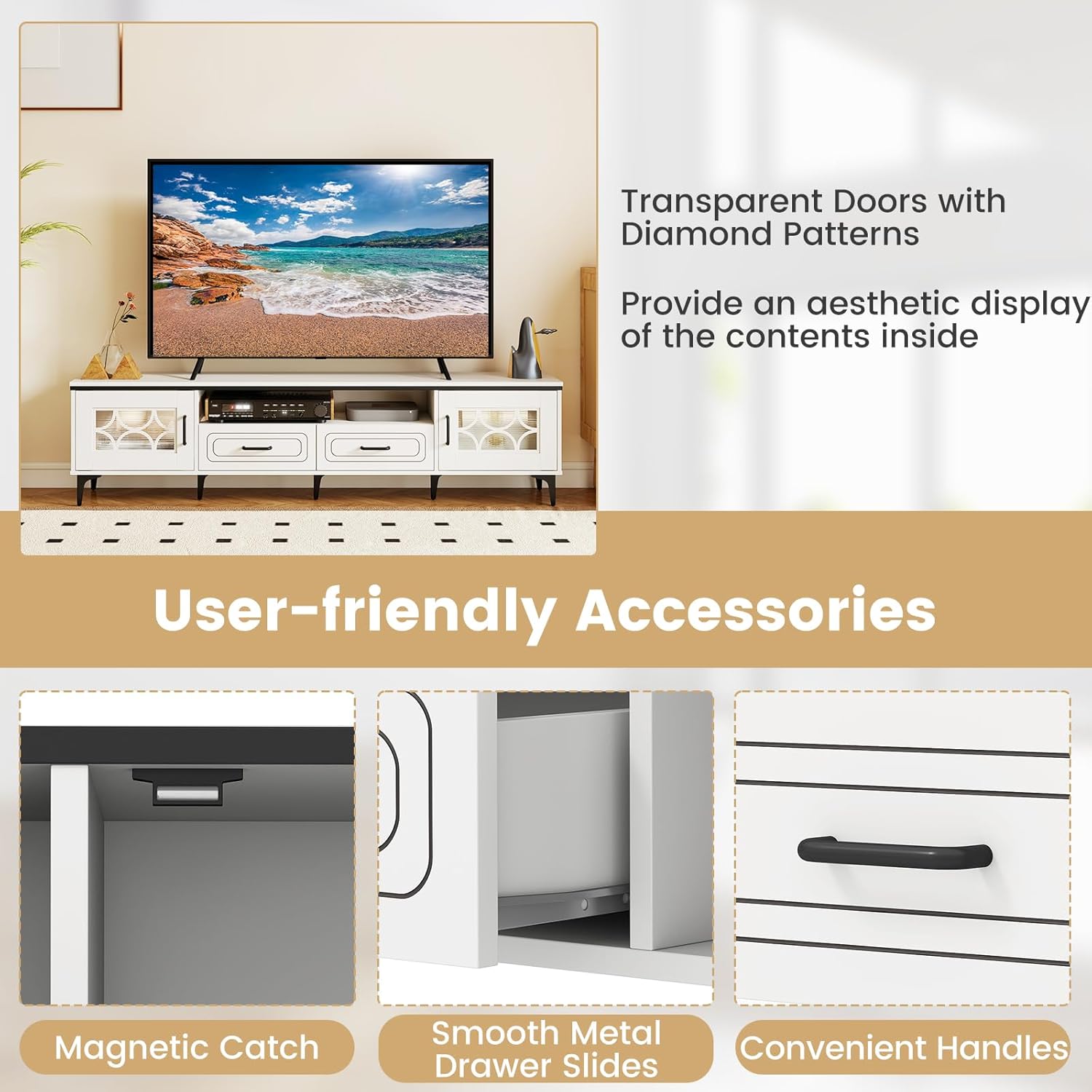 Three close-up images showing user-friendly accessories: a magnetic catch for doors, smooth metal drawer slides, and convenient handles.