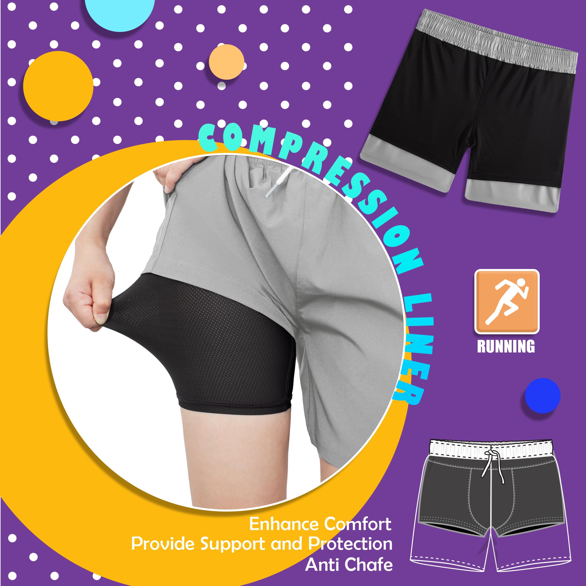 BloomBuddies Boys Shorts Athletic Basketball 2 in 1 Shorts with Zipper Pockets Golf Running Workout Sports Gym Quick Dry Grey