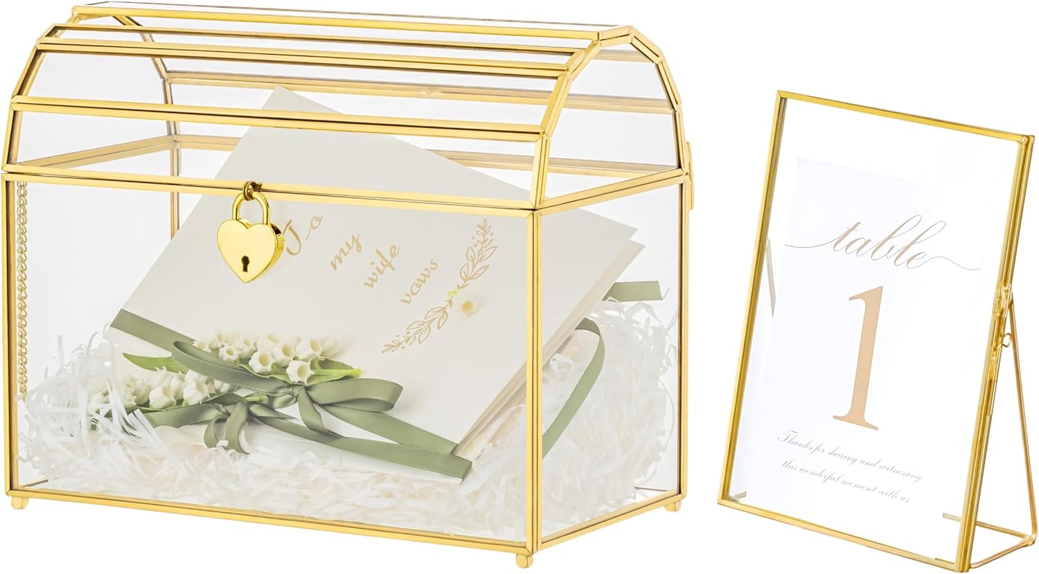 NCYP Wedding Supplies Bundle - 10.2x5.5x8.4 inches Arched Design Gold Card Box with Slot and Lock, and Glass Gold 5x7 inches Table Number Holder, for Wedding, Reception Table (Glass Box, Lock and Fram