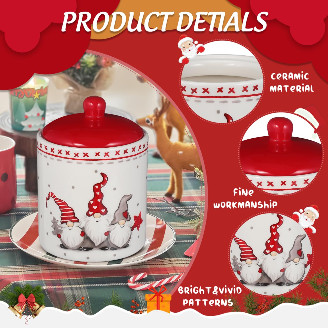 HEMOTON 2 Pièces Boîte De Bonbons Gnome Boîte à Biscuits De Noël Pot De Biscuits Sucrés Pot De Thé Scellé Grains De Noël Peuvent Gardien De Sucre Pot Rond Boîte Ronde Nourriture Céramique