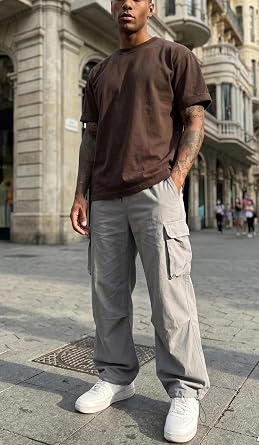 Men's Casual Cargo Pants Elastic Waist Drawstring Street Hip Hop Trousers with Pockets