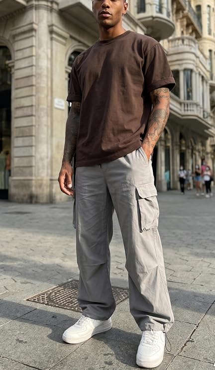 Men's Casual Cargo Pants Elastic Waist Drawstring Street Hip Hop Trousers with Pockets
