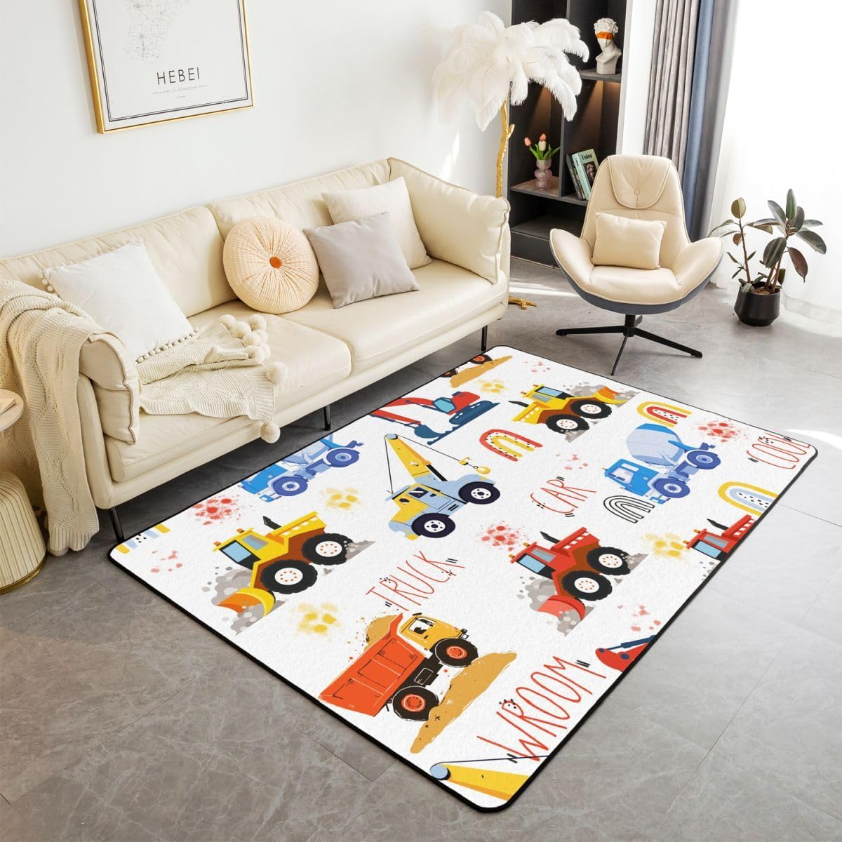 Erosebridal Vehicle Area Rug 3x5, Yellow Construction Truck Rug Tractor Carpet for Boys Cute Non Slip Washable Indoor Floor Mat for Living Room