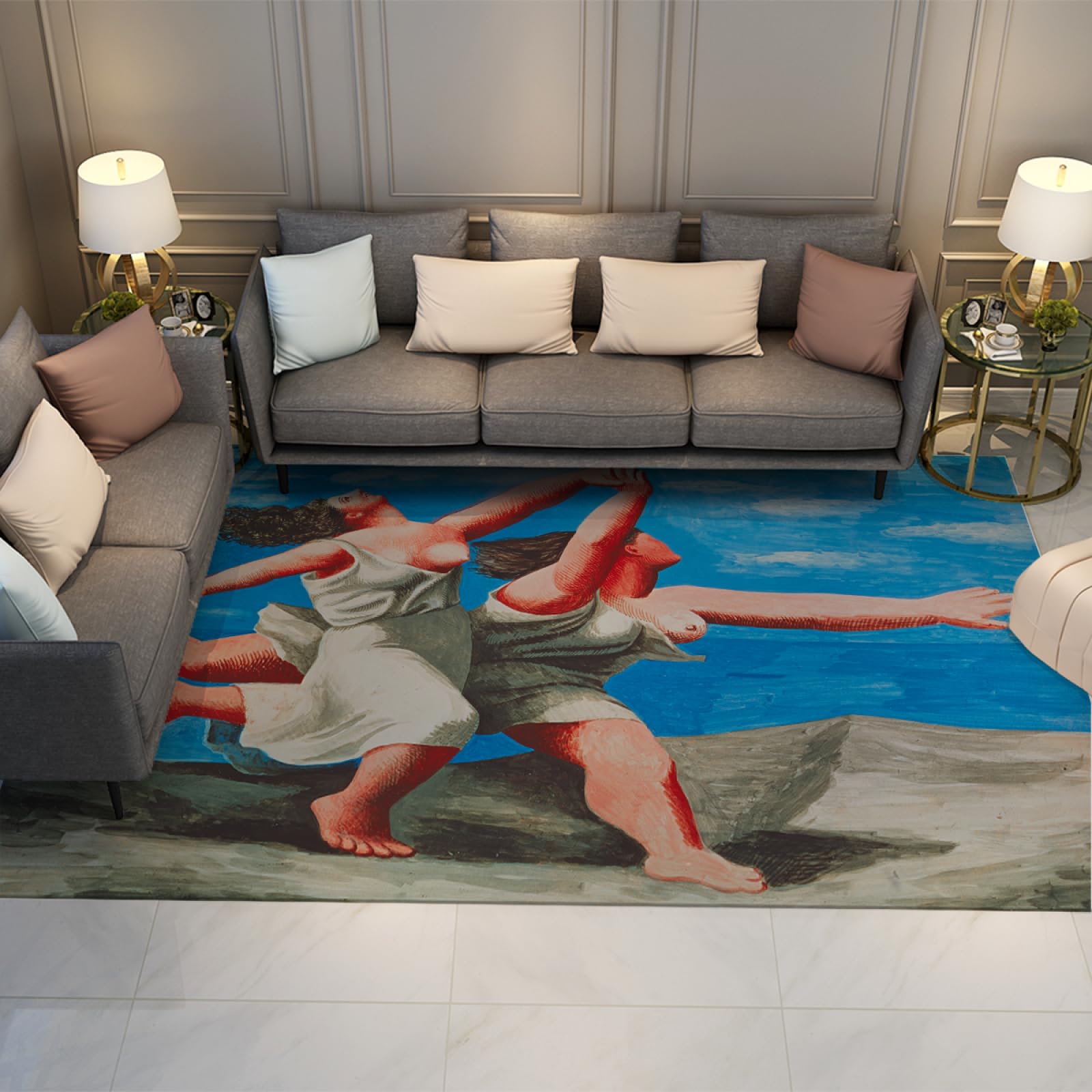 Tapis Deux Femmes Courant sur la Plage style Picasso lavable pour simplifier l'entretien