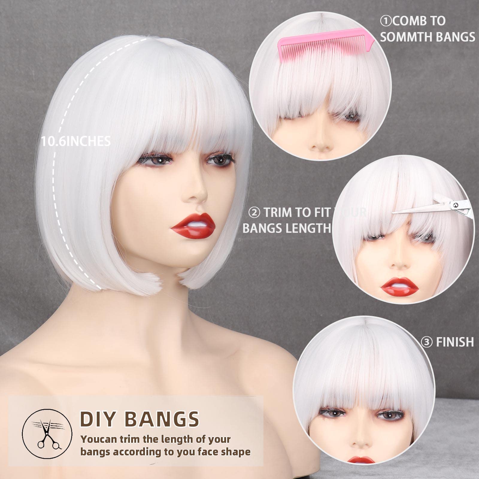 Amazon.com : WERD Short White Bob Wig Bangs Straight White  display picture 3