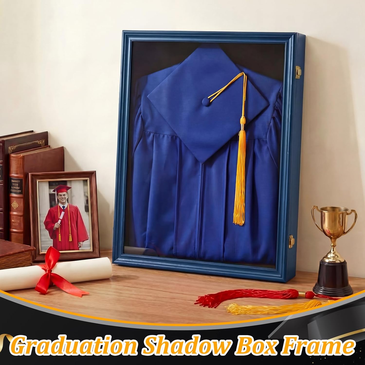1 Pcs 17"x23" Graduation Shadow Box Frame Large Wood Display Case with Stick Pins Hanging Hardware Graduation Gown Display Memory Shadow Box for Cap Gown Diploma Stole Cords (Blue)