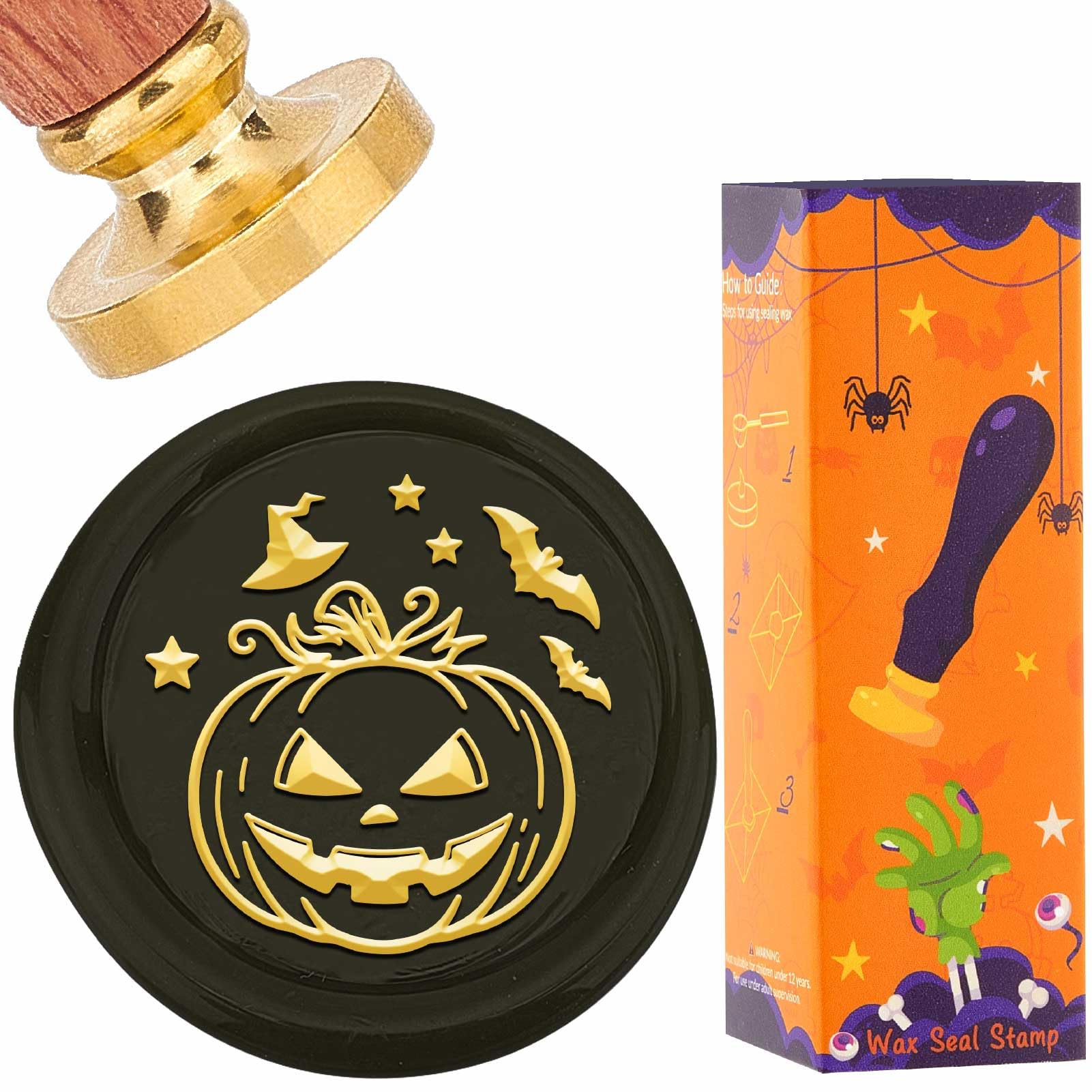 Tampon à Cire Halloween Citrouille Et Feuilles – 25mm, Tête En Laiton Amovible, Poignée En Bois – Pour Invitations, Scrapbooking, Décoration