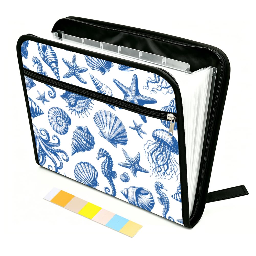 WEBEEDY Blue Seashells Ocean Style Expanding File Folder with 13 Pockets, Labels and Zipper, Portable Accordion Folder Important Document Organizer for A4 Paper Paperwork Receipt Travel Office Use