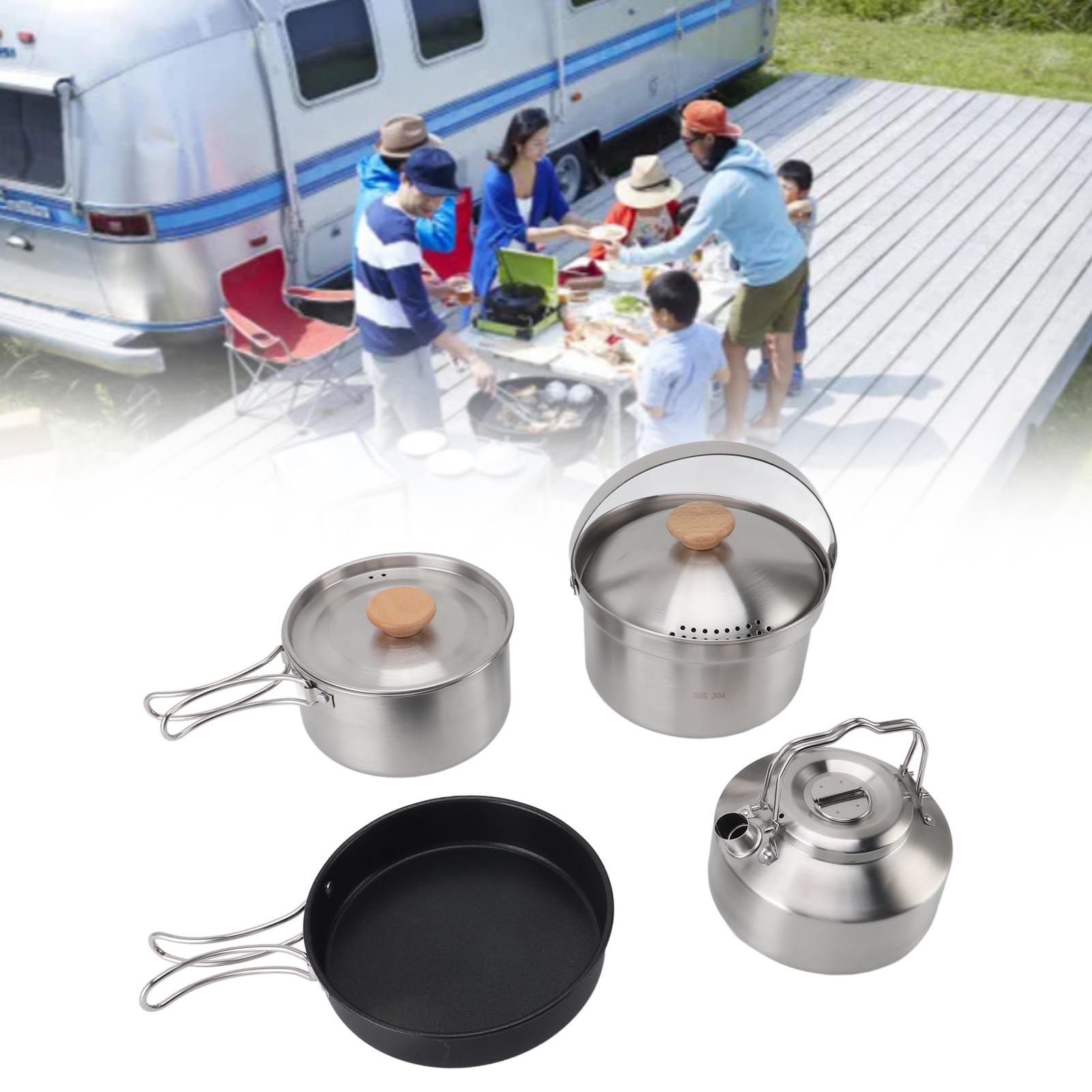 FLEXMAN 6Pc Kemping Zestaw Naczyń Kuchennych, Ze Stali Nierdzewnej Zestaw Naczynia Kuchennego Portable Lekkie Garnki Kettle do Biwakowania Plecaków Na Zewnątrz Piknik Gotowania