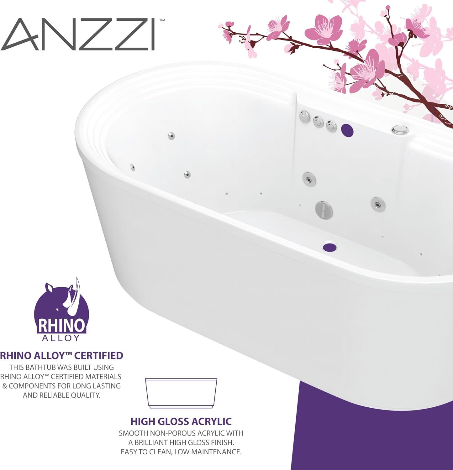 ANZZI Freestanding Tub 34" x 67", Center Drain Whirlpool and Air Bath Tub in White, Whirlpool Jetted, Aromatherapy, Sofi Series (FT-AZ201)