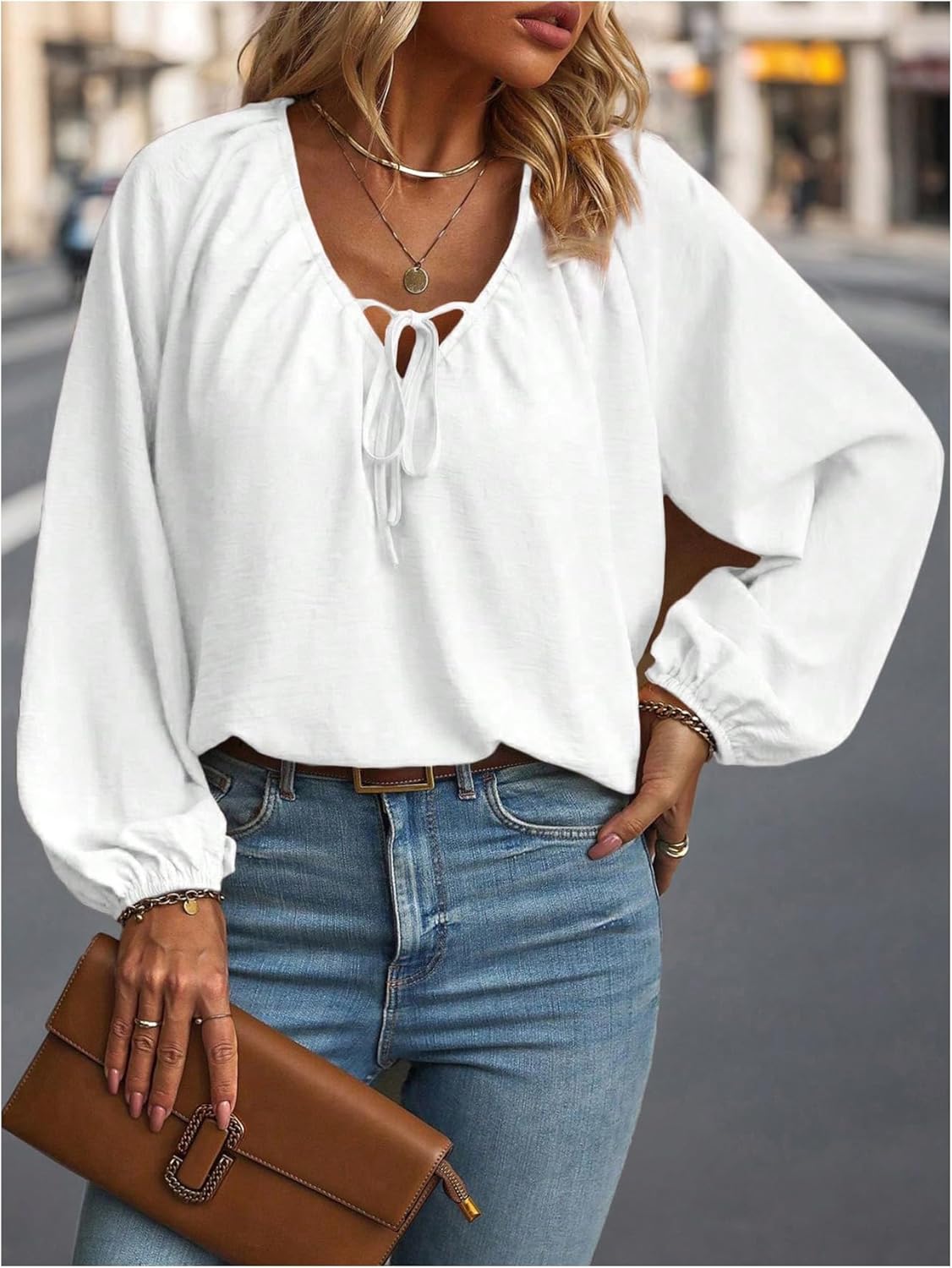 WDIRARA Women's Plus Size V Neck Long Lantern Sleeve Blouse Tie Front Tops Shirt - Image 3