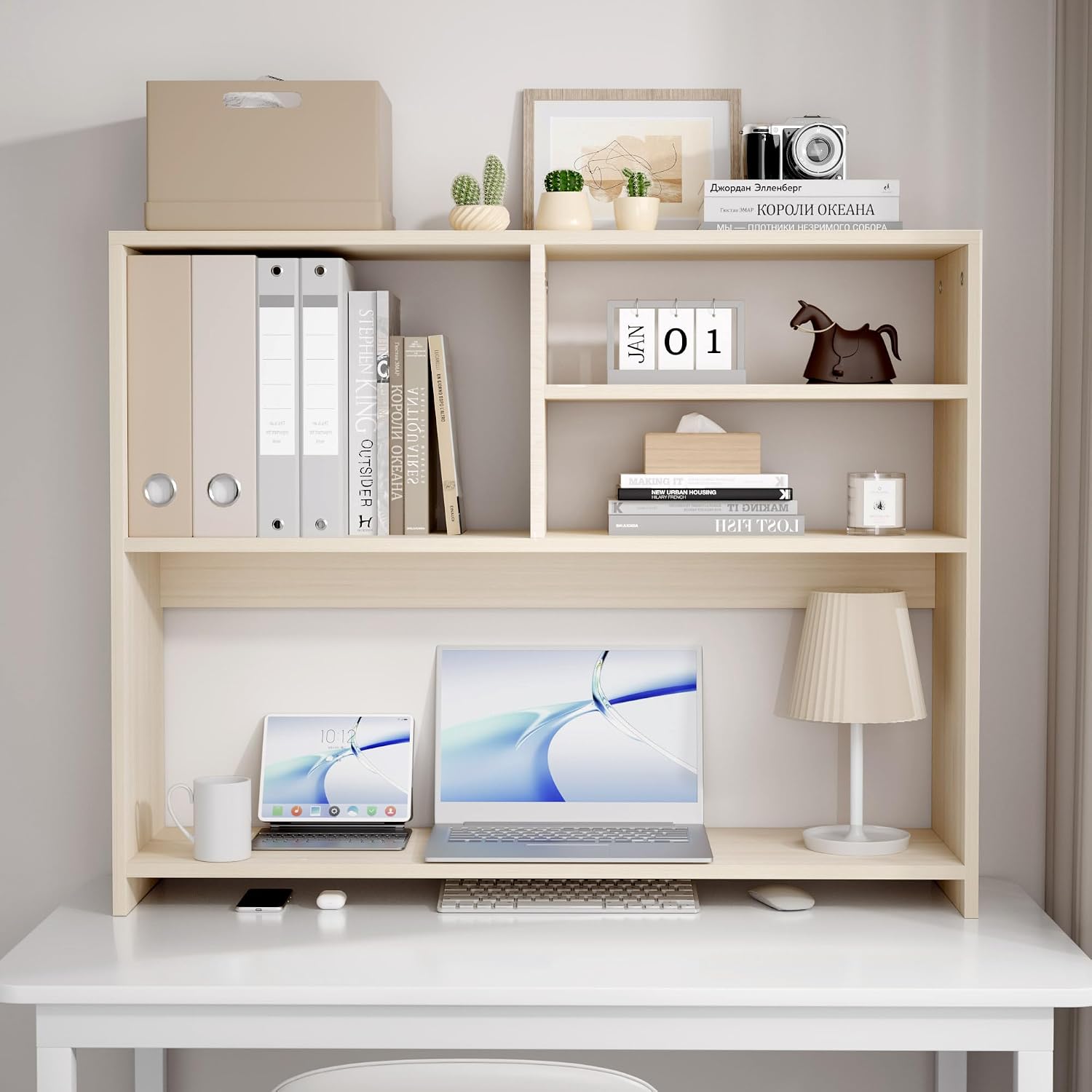 Jerry & Maggie Desktop Bookshelf Organizer, 4-Tier Desk Shelf with Hutch for Computer Desk, Wall Shelf Organizer & Room Decor Aesthetic, Dorm & Office Storage for Books, Laptop (White Wood/38 in) thumbnail