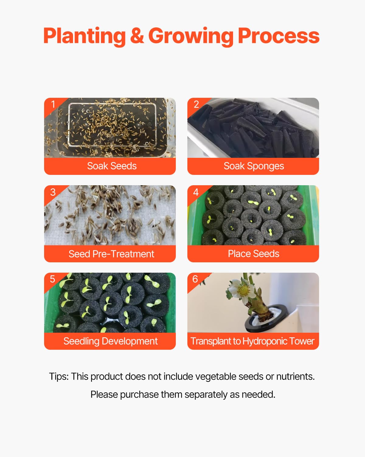 VEVOR Système de Culture Hydroponique, 30 Fentes de Plantation, Tour Hydroponique 6 Niveaux, avec Lampe de Culture, Pompe à Eau, Kit Germination de Plantes pour Herbes, Fruits, Légumes d'Intérieur