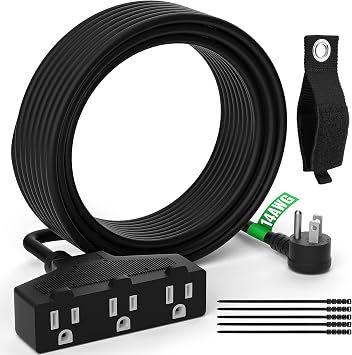 Outdoor Extension Cord 25 Ft with 3 Outlets, 14/3 SJTW 3 Prong Grounded Power Cord, 14 Gauge 14AWG Heavy Duty Power Cable, ETL Listed, 15 Amp 125 V 1875 W-Multiple Outlets for Indoor/Outdoor-Black