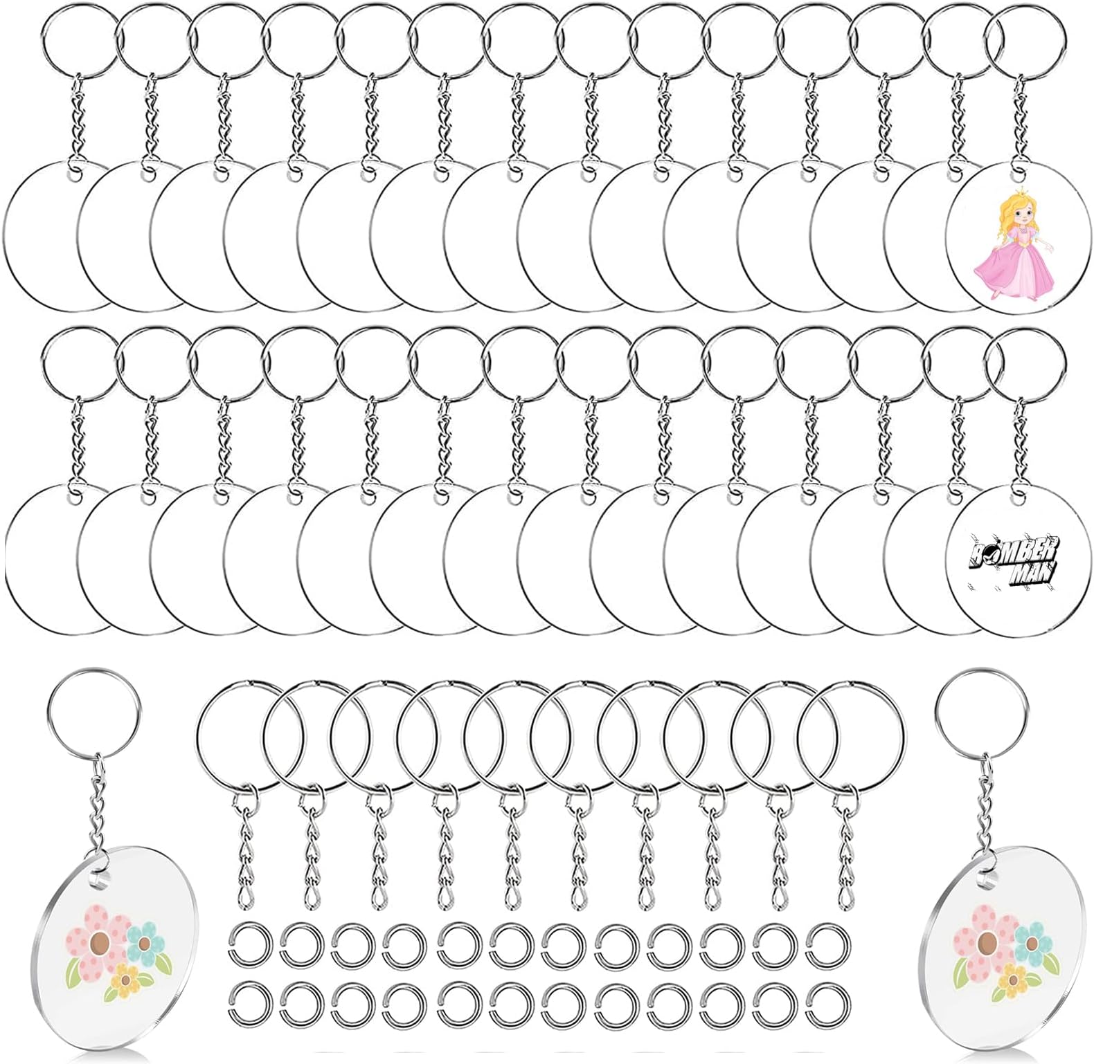 DGN Pack of 120 round acrylic key rings, acrylic transparent circle 5 cm, 40 acrylic key rings blanks, 40 key rings, 40 jump rings, key pendant round with hole, for DIY keychain crafts
