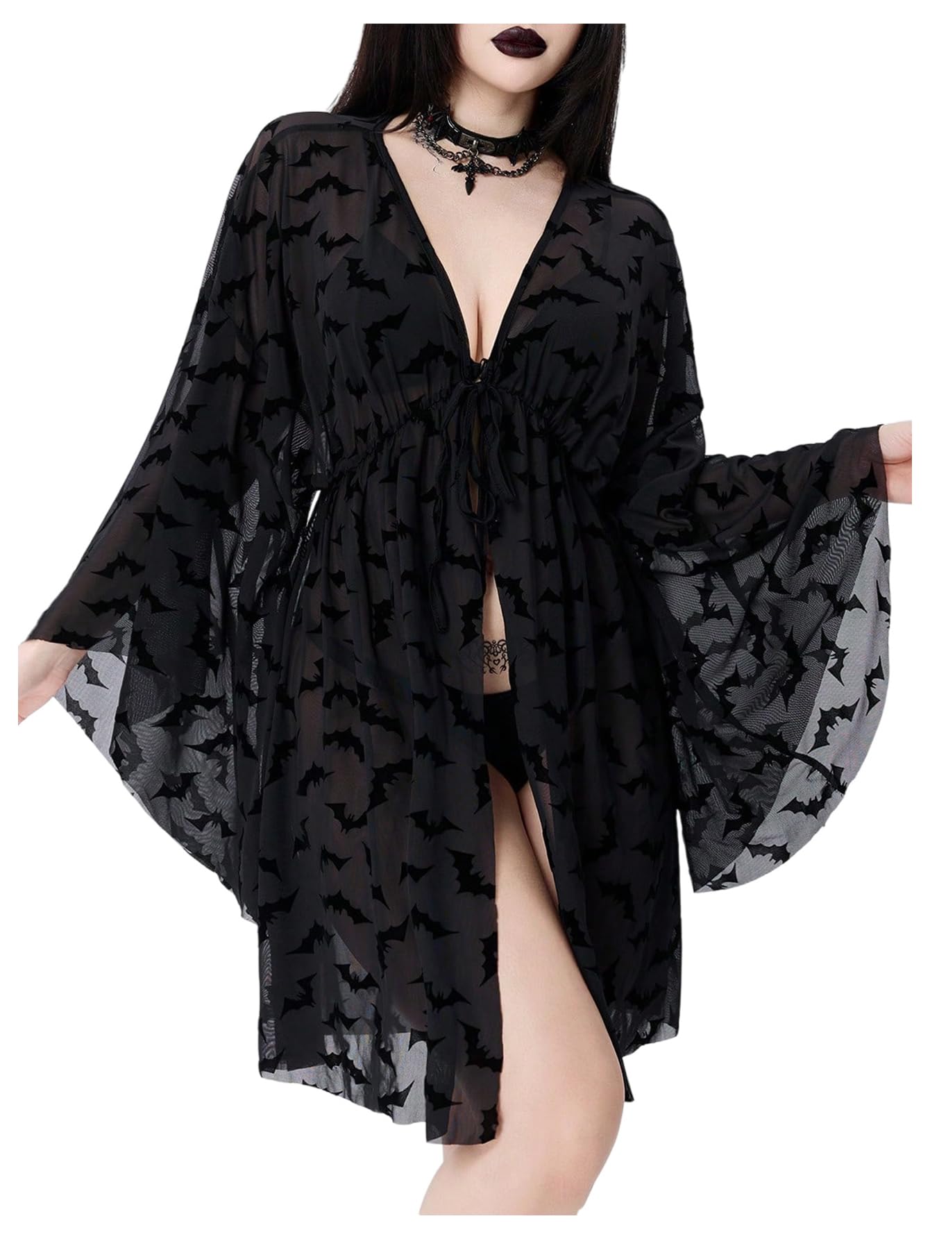 wdirara Women's Goth Sheer Kimono Lightweight Cardigan Cover Up Kimono Vacation Summer Beachwear-picture-55