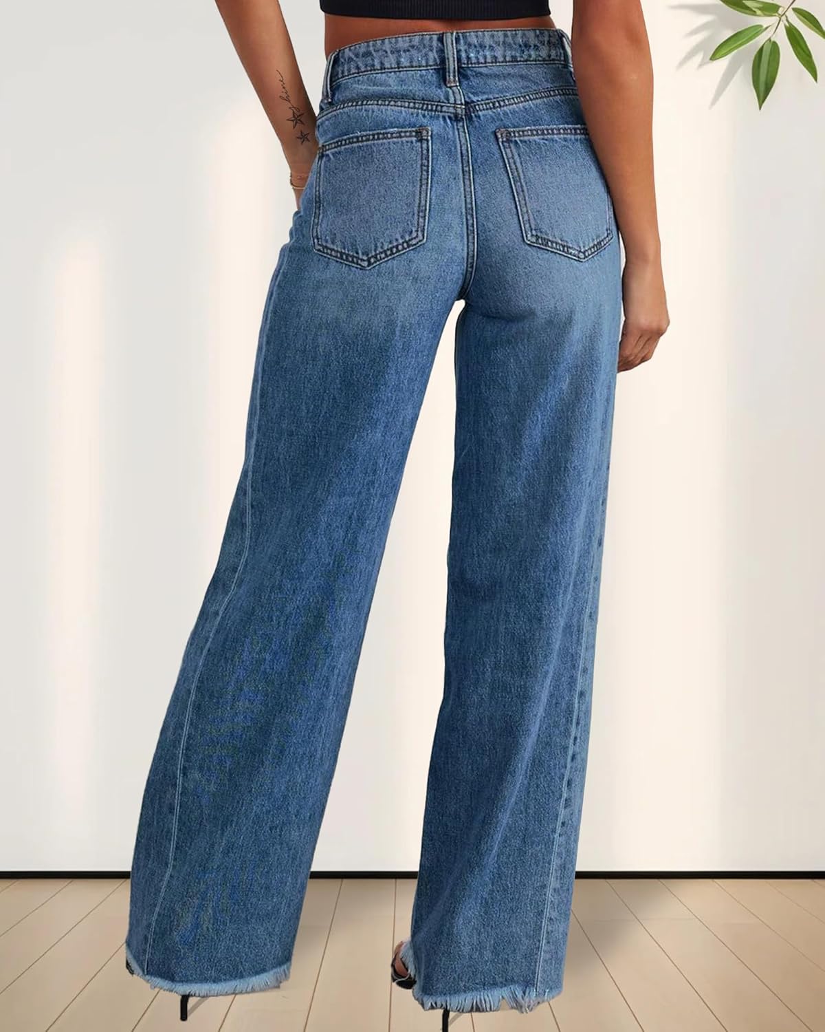Trendy Women's Baggy Wide Leg Jeans High Rise Stretchy Denim Pants with Raw Hem & Comfort Fit - Image 2