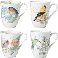 Lenox Butterfly Meadow Flutter Porcelain Mugs, Set of 4 - 12oz Multicolor Bird & Butterfly Designs, Dishwasher Microwave Safe