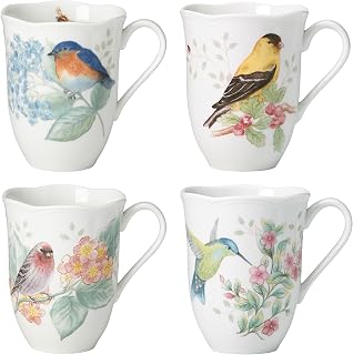 Lenox Butterfly Meadow Flutter Porcelain Mugs, Set of 4 - 12oz Multicolor Bird & Butterfly Designs, Dishwasher Microwave Safe