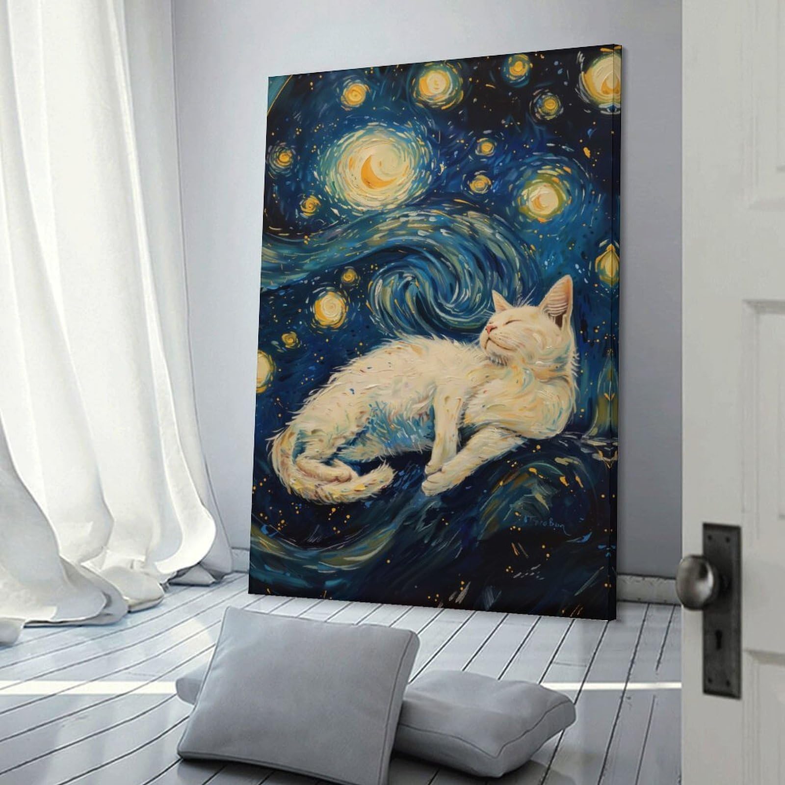 Junmoney Starry Night White Cat Hanging Wall Art, 16x24inch(40x60cm), for New Homes, Bedrooms Or Workspaces, Thoughtful Wall Decor for Art Lovers