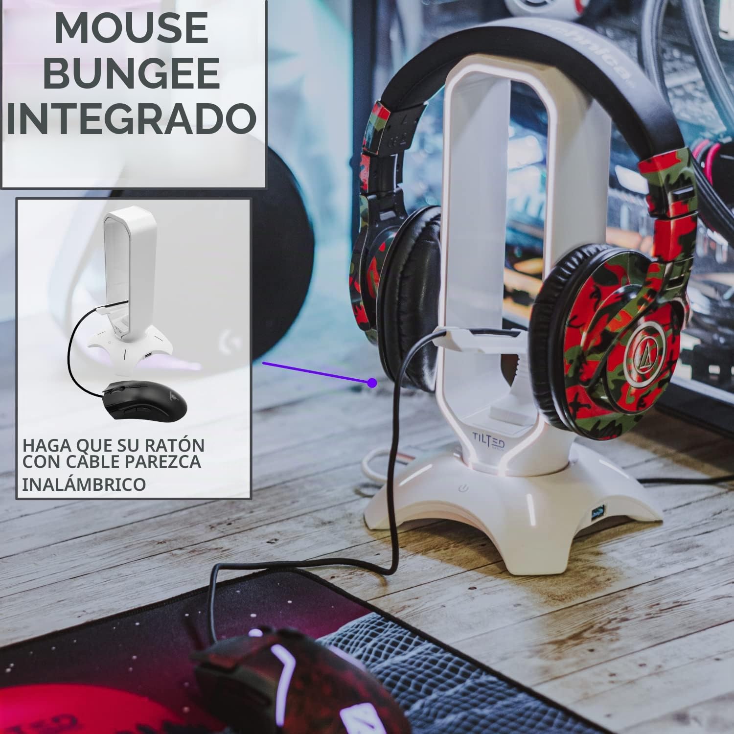 Tilted Nation Soporte para Auriculares RGB – Soporte para Auriculares 3 en 1 para Escritorio con Mouse Bungee y Cargador Hub USB 3.0 de 2 Puertos – El Accesorio definitivo para Juegos y Regalo para