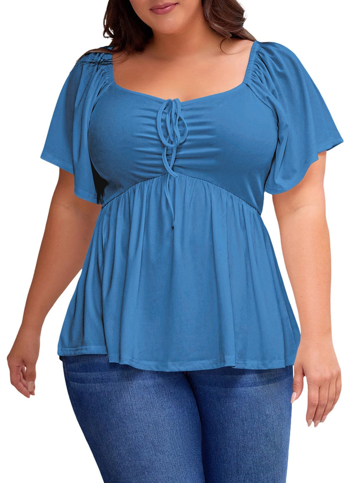 Plus Size Tops for Women Sweetheart Neck Short Sleeve Peplum Blouse Summer Loose Babydoll Shirts(1X-5X)