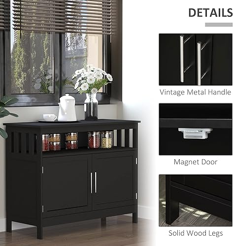Miniatura 7 de HOMCOM Mesa consola de cocina, aparador buffet, mesa de almacenamiento de madera con gabinete de 2 niveles y espacio abierto, color negro