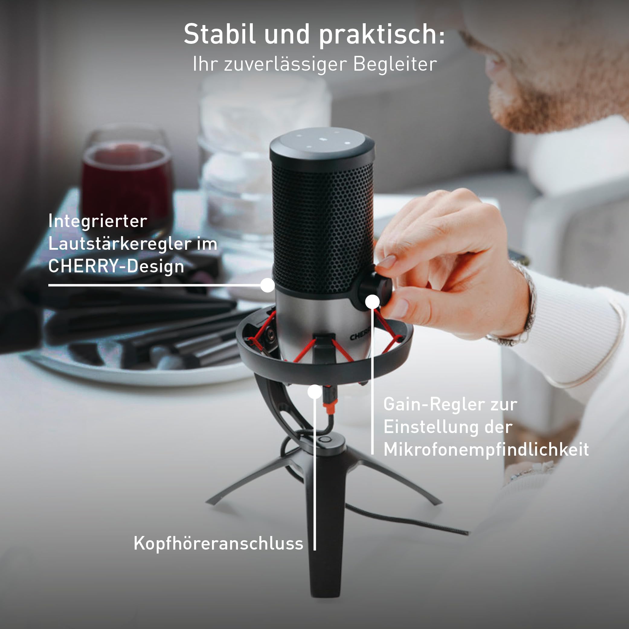 CHERRY UM 6.0 Advanced, USB-Mikrofon für Streaming, Podcast, Home-Office, 2 Richtcharakteristiken, Shock Mount, Kompatibel mit PC/Mac/PS4/PS5, Schwarz-Silber
