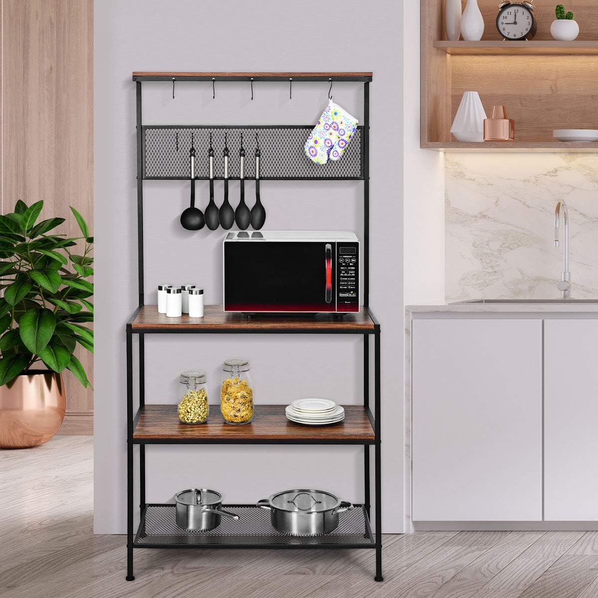 Giantex Kitchen Baker's Rack, Industrial Microwave Oven Stand, Mesh Panel with 11 Hooks, Storage Shelves for Utensils, Metal Frame, Standing Cupboard, Easy Assembly (Rustic Brown)