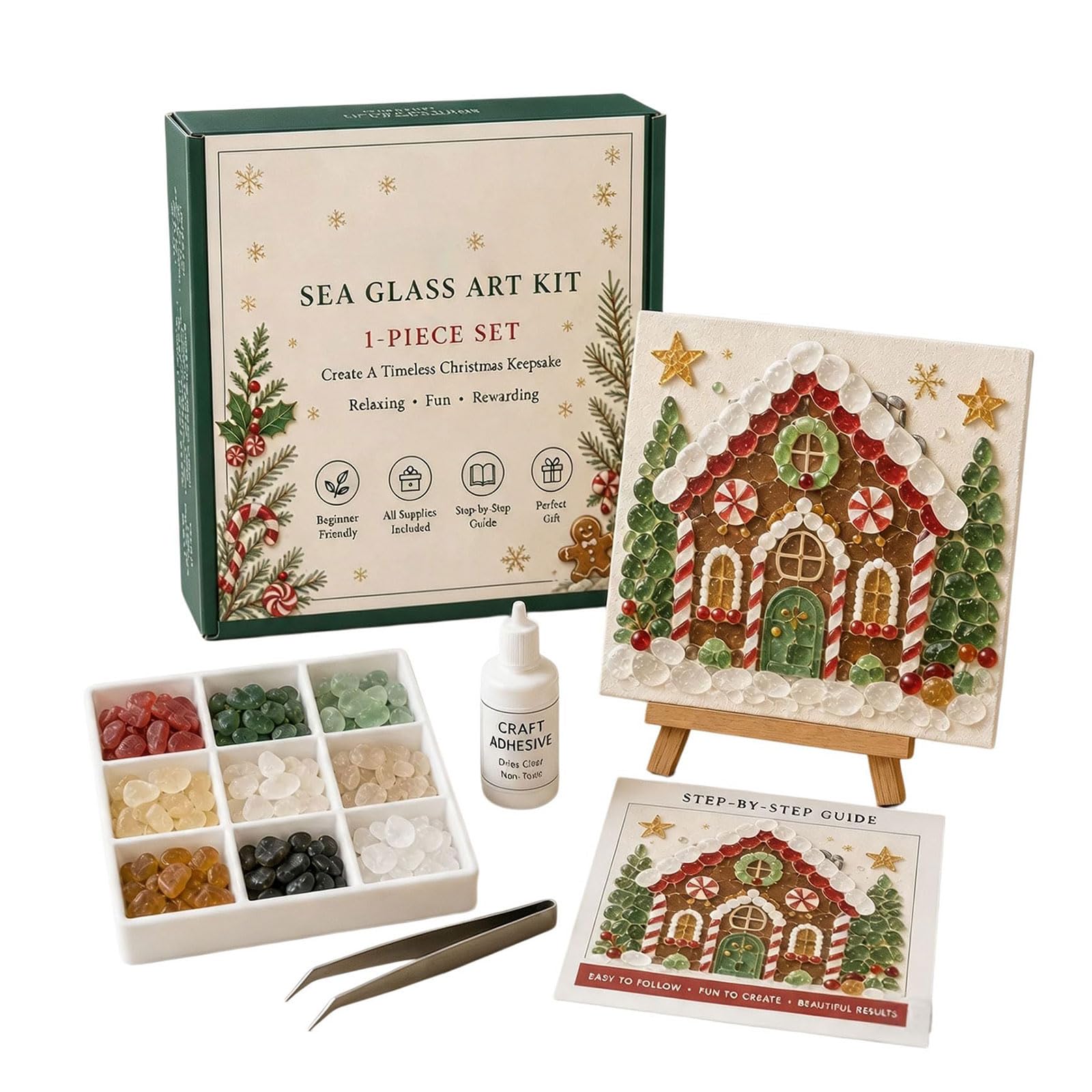 Christmas Sea Glass Art Kit, DIY Sea Glass Mosaic Art Kit for Beginner & Adults, Mosaic Craft Kit with Santa, Christmas Theme Artwork, DIY Home Decor, Craft Lovers Gift (# C)