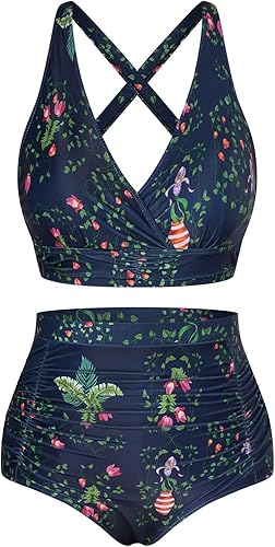 Traje de baño de bikini con cuello en V para mujer, talla grande, cintura alta, fruncido con control de abdomen