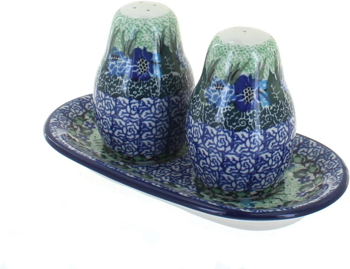 Blue Rose Polish Pottery - Brown Harvest Bounty Salt & Pepper Shakers with Tray - 3.5" Tall - Hand-Painted Ceramic Seasoning Set for Table & Kitchen