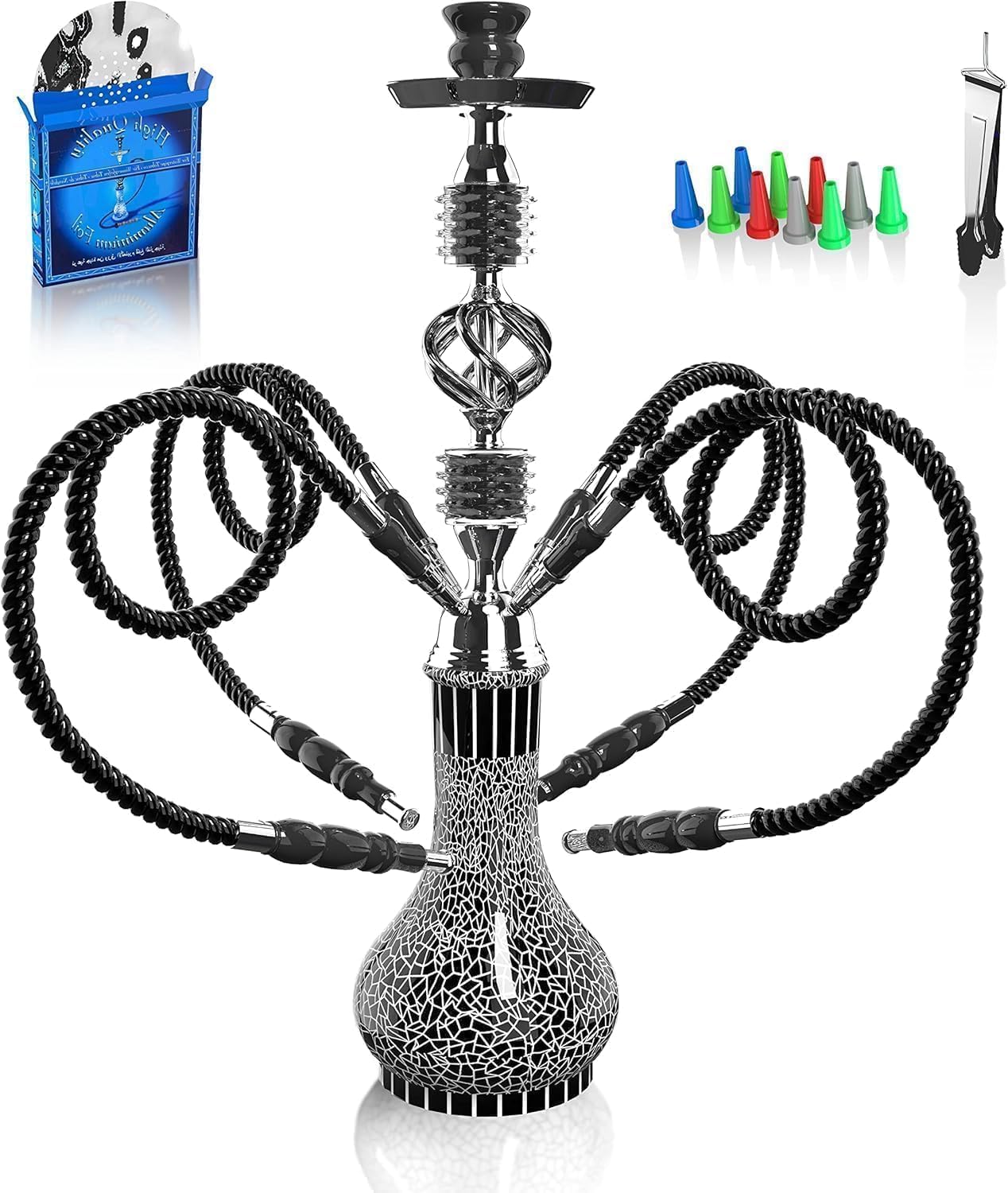 Narghile Completo, Set completo di narghiello con 4 tubi, grande kit Shisha da 56 cm per fino a 4 persone con tutto incluso, ciotola in ceramica | Tubo Premium | Bellissimo vaso in vetro (Nero MP2)