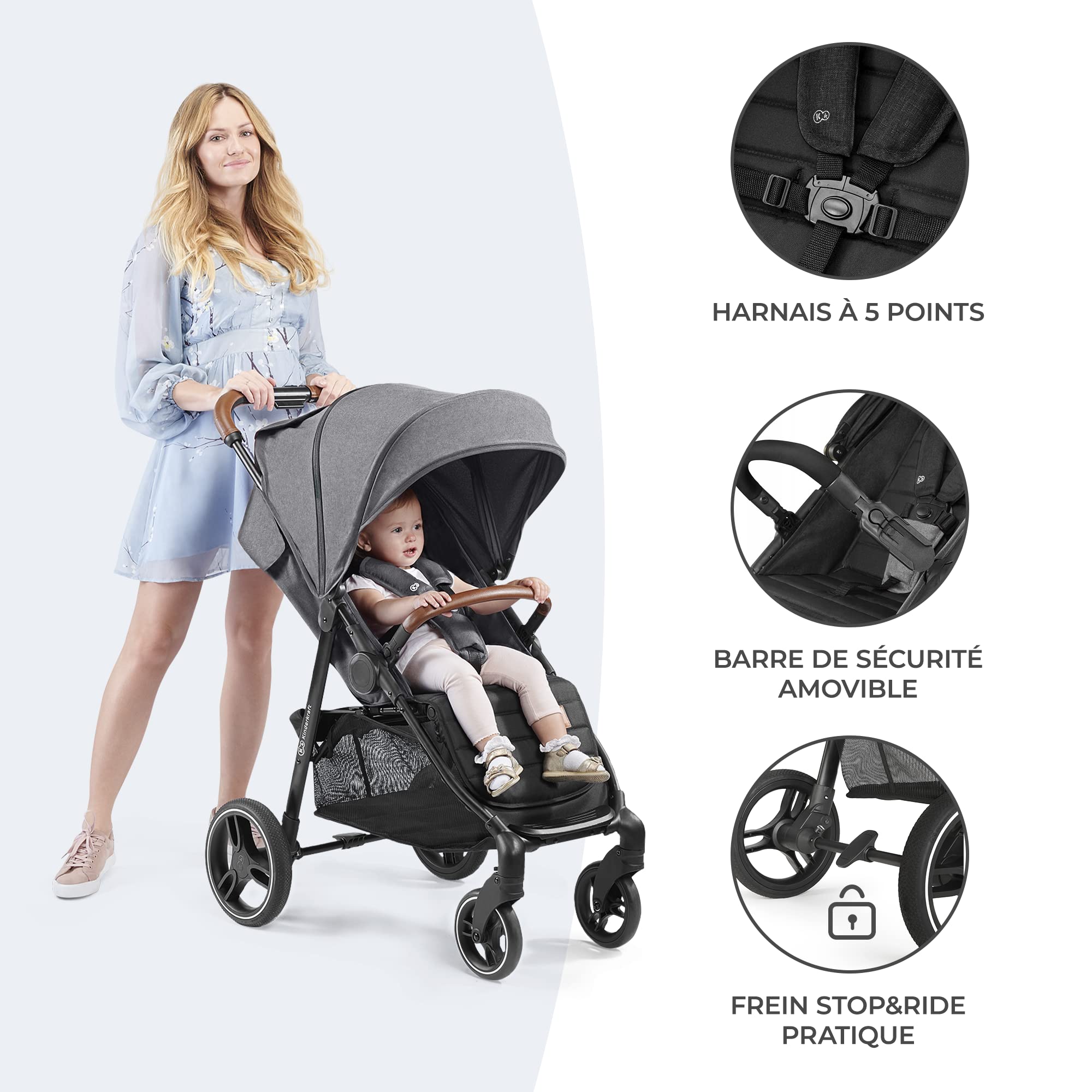 Kinderkraft GRANDE PLUS Poussette Canne dès la Naissance jusqu’à 22 kg, Pliage d'une seule main, Position allongée, Capote extensible, 4 Roues amorties, Noir