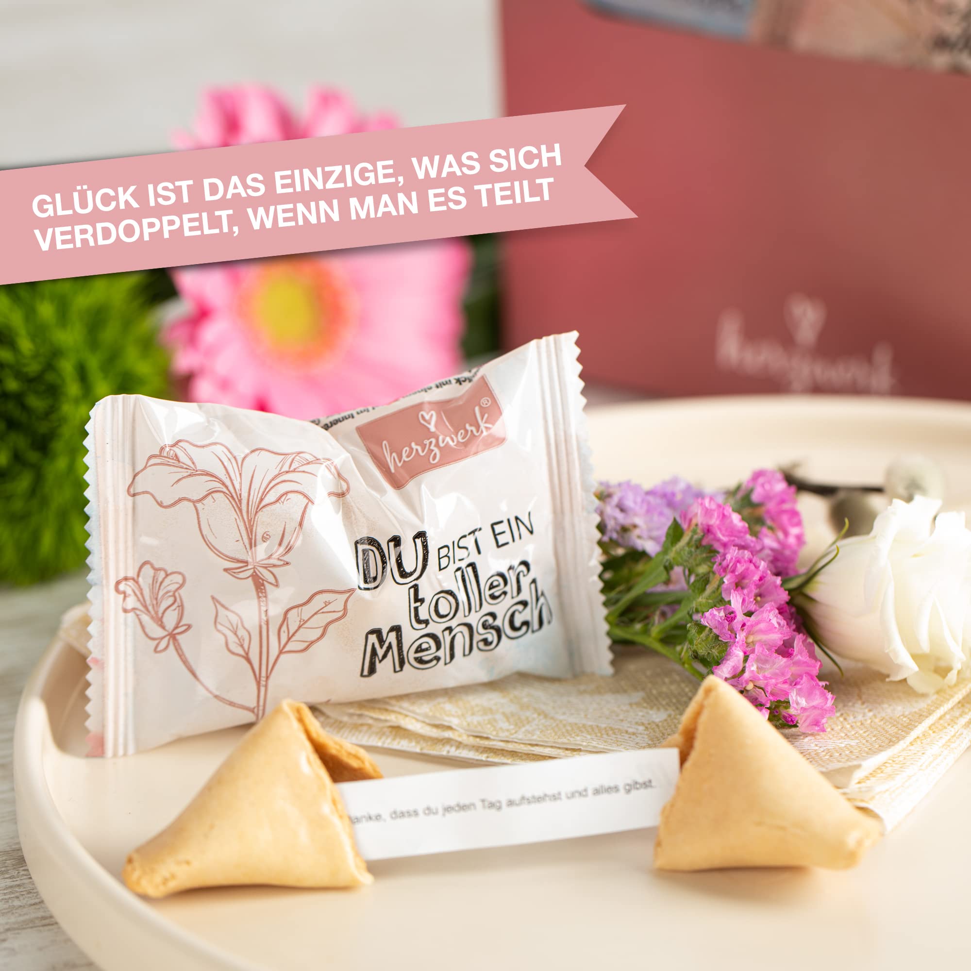 Herzwerk - 30 biscotti portafortuna per complimenti, piccoli regali per famiglia, amici, colleghi, complimenti prodotti in Germania, calendario dell'Avvento, biscotti portafortuna