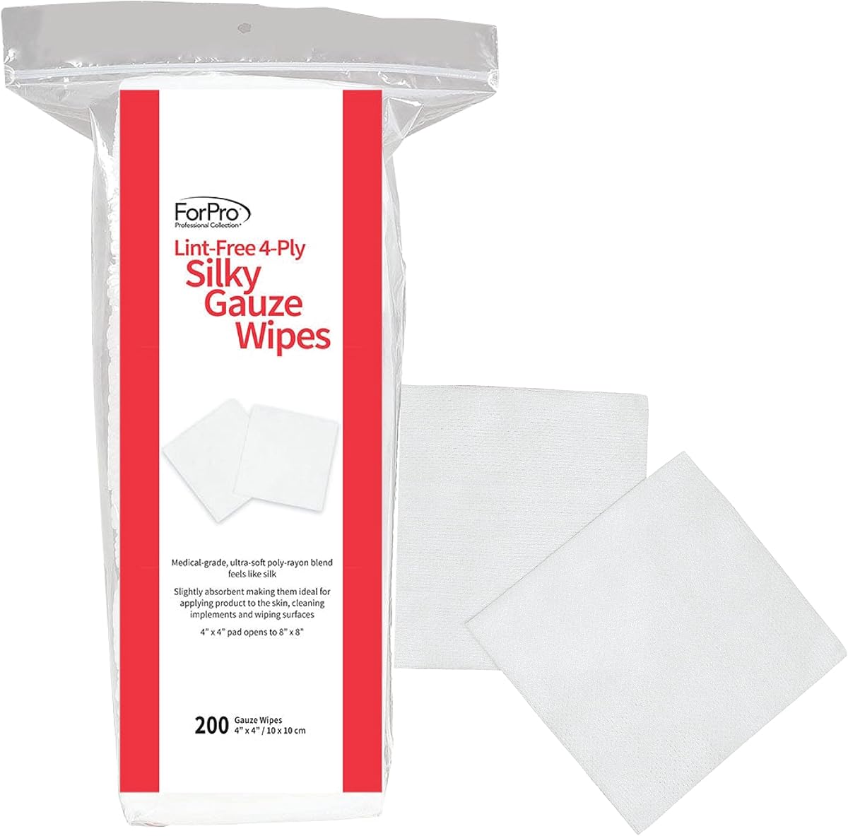 ForPro Professional Collection Toallitas de gasa sedosas de 4 capas sin pelusa, 100% sin pelusa, ultrasuaves, para aplicación de productos y atención médica, 4" x 4", 200 unidades