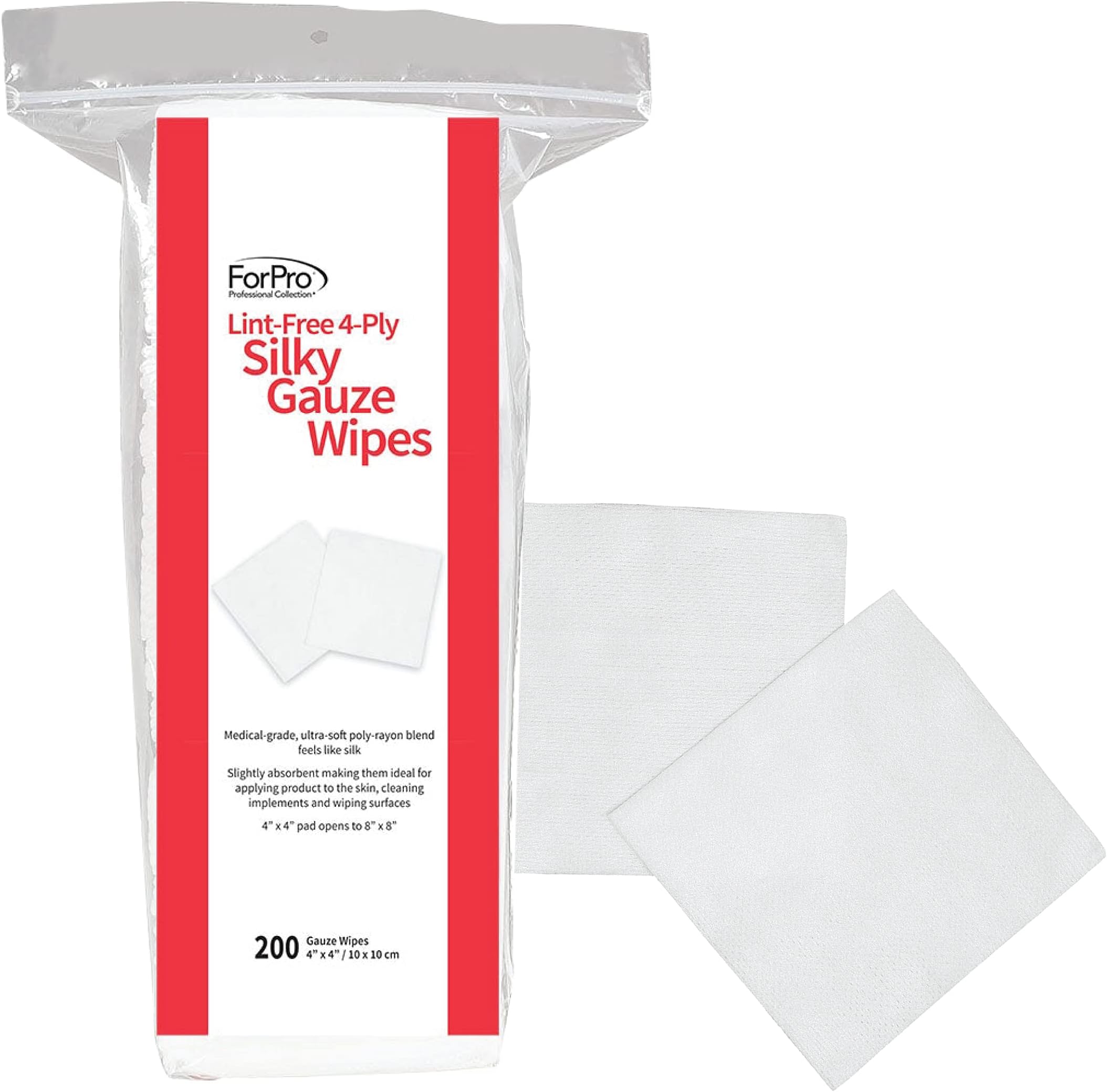 Lint-Free 4-Ply Silky Gauze Wipes, 100% Lint-Free, Ultra-Soft, for Product Application and Medical Care, 4” x 4”, 200-Count