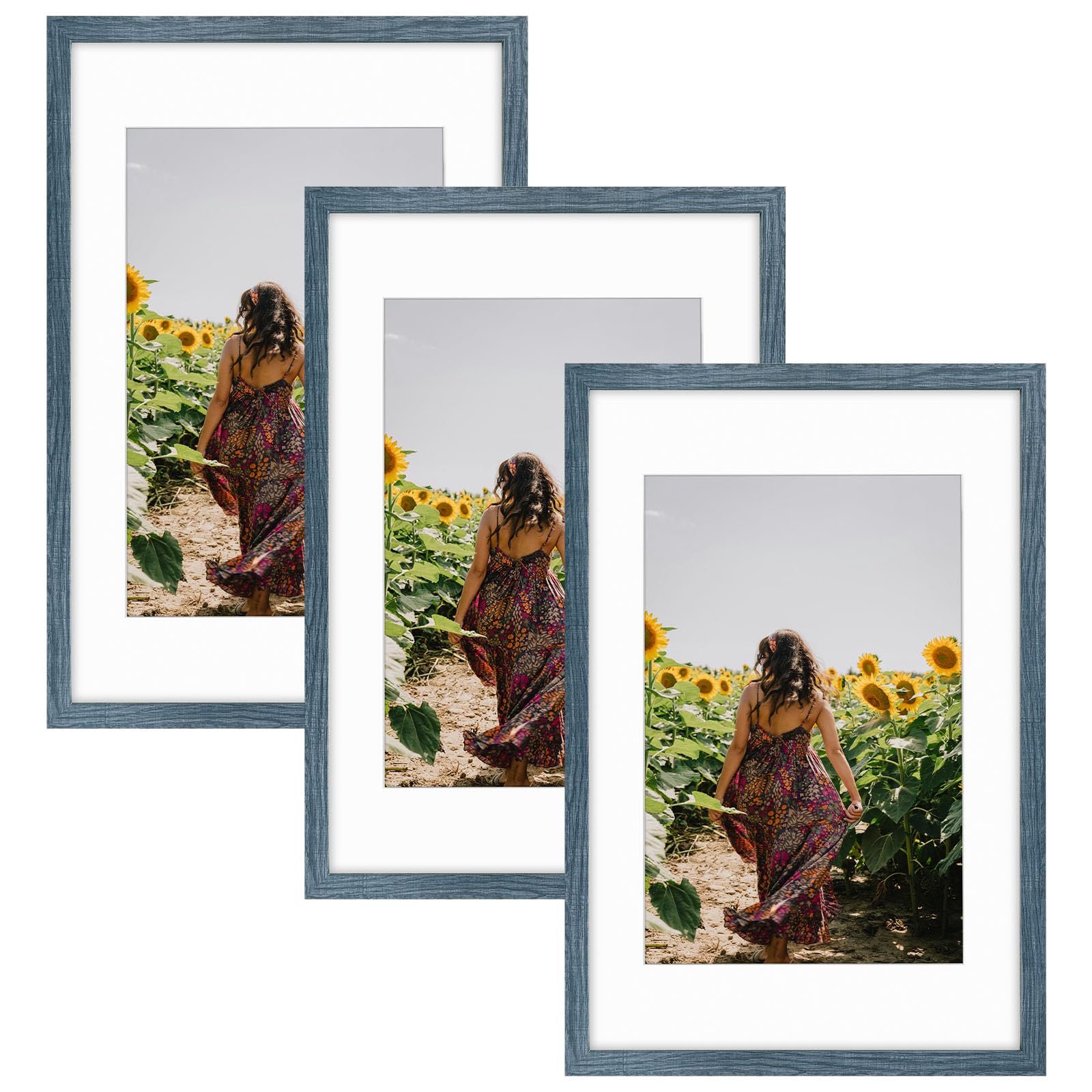 Frametory 3 Pack 16x24 Blue Picture Frame with Real Glass Mat for 12x18